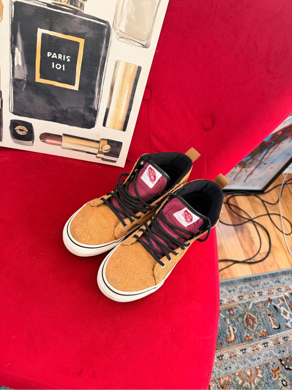 Vans Men’s Tan Suede High-Top Sneakers with Burgundy Tongue